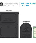 Oasis Classic Locking Post Mount Parcel Mailbox shown next to medium mailbox and dollar bill for size comparison.