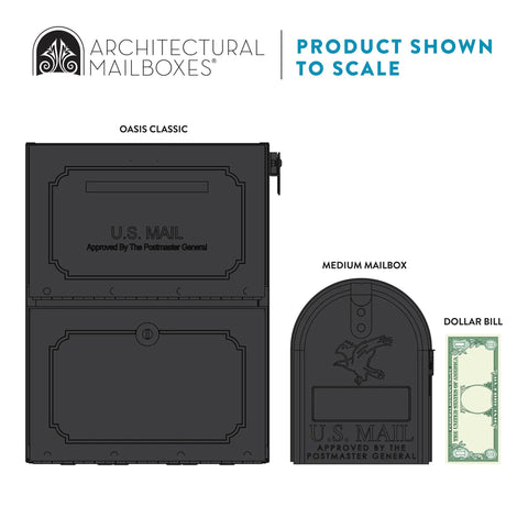 Oasis Classic Locking Post Mount Parcel Mailbox shown next to medium mailbox and dollar bill for size comparison.