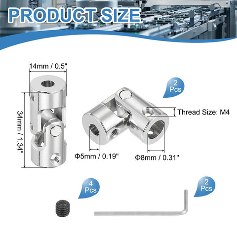 Rotatable Universal Joint Shaft Adapter Kit 8mm To 5mm Inner Diameter U Joint Couplings For Motors Models And Robot Builds Includes M4 Screws And Wrench 2 Pcs, 14mm size
