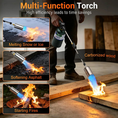 Heavy Duty Propane Weed Torch With 30 Inch Long Arm Flamethrower Tough As Nails Design igniting wood and melting ice.