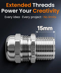 Side view of Ten Pack Built Tough Half Inch NPT Stainless Steel Cable Gland Waterproof IP68 Metal Strain Relief Cord Grip with 15mm thread.