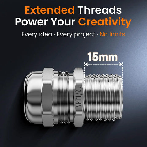 Side view of Ten Pack Built Tough Half Inch NPT Stainless Steel Cable Gland Waterproof IP68 Metal Strain Relief Cord Grip with 15mm thread.