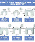 Auto Body Shim Kit With 140 Piece Universal Alignment Shims Set for Car Body Adjustments displayed with size and quantity chart.