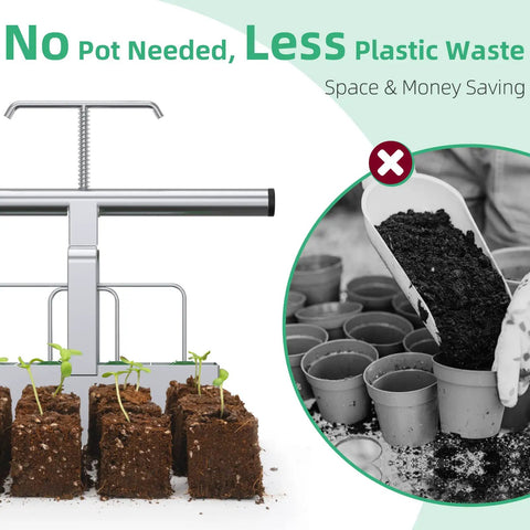 Easy To Use Soil Blocker With Comfortable Handle shown creating 4 cell 2 inch blocks for seed starting, no pot needed, less plastic waste.