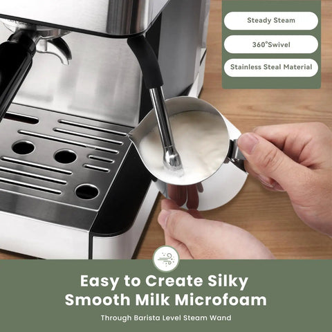 Next Level Espresso Machine With Built In Burr Grinder, 20 Bar Killer Coffee Maker For Homemade Cappuccinos, Boasting Fast Heat Up And Solid Steel Chassis For Chill Morning Vibes At Home with steam wand creating microfoam.