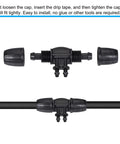 Drip Irrigation Barbed Tee 4-Way Fitting 8mm To 4mm ID Tubing connector showing assembly, black, easy install