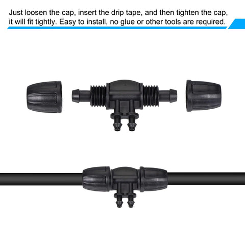 Drip Irrigation Barbed Tee 4-Way Fitting 8mm To 4mm ID Tubing connector showing assembly, black, easy install