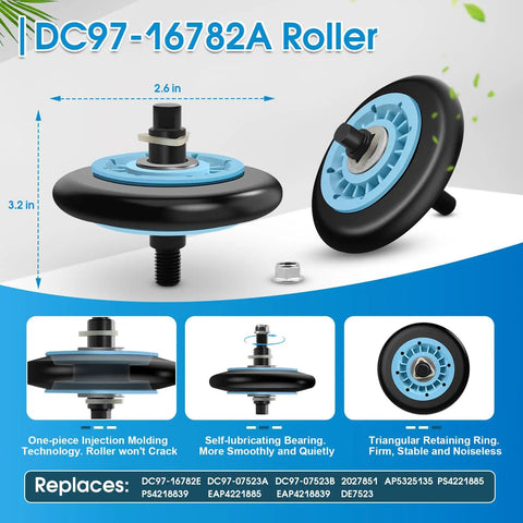 No-Fuss Dryer Repair Kit With Drum Roller DC97-16782A, side and top view showing dimensions and features
