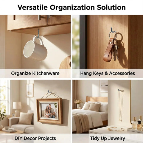 Level Up Your Home Storage Game With These 100 Pack Stainless Steel L Hooks Right Angle Screw Eye Hooks Rust Resistant Wall Mounts For Keys Jewelry And Quick Office Ready Setup Anytime Now arranged for kitchen storage and jewelry organization.