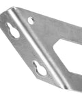 Close-up of a stainless steel corner bracket, part of the Stainless Steel Corner Brackets 4 Pack Tough As Nails, Heavy Duty Shelf And Table Braces For Cabinets And Beams, Impact And Aging Resistant, General Furniture Hardware For Construction And DIY Projects, showing its holes and angle.