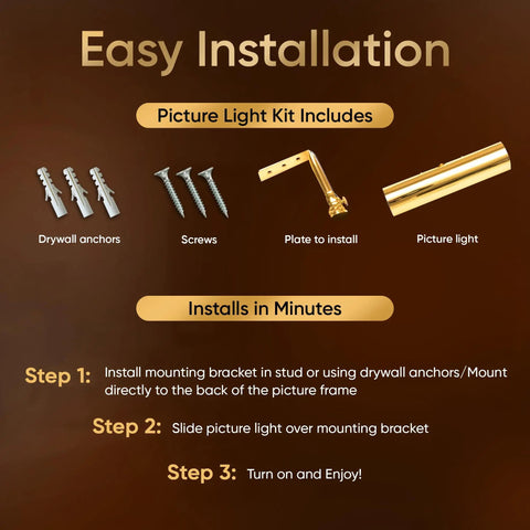 Wireless Battery Operated Picture Light With Remote Dimmable Tilt Head Slick Wall Mount Or Shelf Display Polished Brass Finish Eleven Point Five Inch Art Light For Home Gallery installation kit with screws and anchors