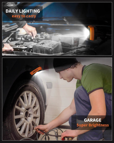 Magnetic Rechargeable 1200 Lumen Work Light With Four Modes And 150 Degree Rotatable Head used for car engine repair and tire maintenance.