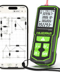Straight Up Legit Bluetooth Laser Distance Meter With Angle Sensor Delivers Rock Solid Accuracy Over 395 Foot Range For Quick Room Estimates And Dads Who Dig Heavy Duty Gear, showing device next to app with measurements.