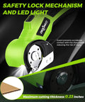 Heavy Duty Cordless Electric Scissors With Led Light And Safety Lock showing safety lock mechanism, LED light, and precision blade for cutting.