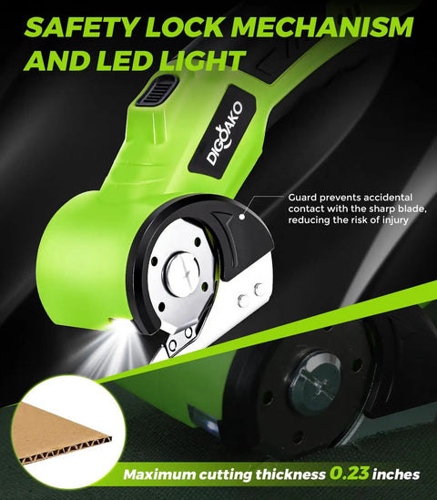 Heavy Duty Cordless Electric Scissors With Led Light And Safety Lock showing safety lock mechanism, LED light, and precision blade for cutting.