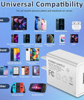 UL Listed 5V 2A USB Wall Charger 2 Pack Fast Charging Plug For iPhone And Apple Watch Travel Ready Go To Compact Block Cube Works Worldwide 100-240V Great For Home Office Or On The Go, white USB charger shown with compatible devices