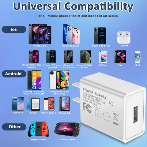 UL Listed 5V 2A USB Wall Charger 2 Pack Fast Charging Plug For iPhone And Apple Watch Travel Ready Go To Compact Block Cube Works Worldwide 100-240V Great For Home Office Or On The Go, white USB charger shown with compatible devices