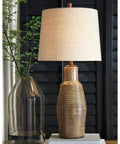 Casual 30 Inch Ceramic Table Lamp With Ribbed Texture In Terracotta Taupe And Brown Finish Elegant Lighting For Living Room Bedroom Or Office
