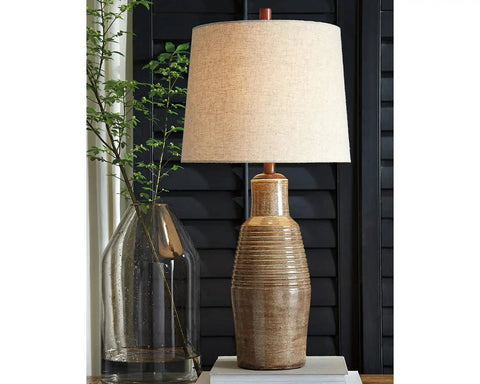 Casual 30 Inch Ceramic Table Lamp With Ribbed Texture In Terracotta Taupe And Brown Finish Elegant Lighting For Living Room Bedroom Or Office