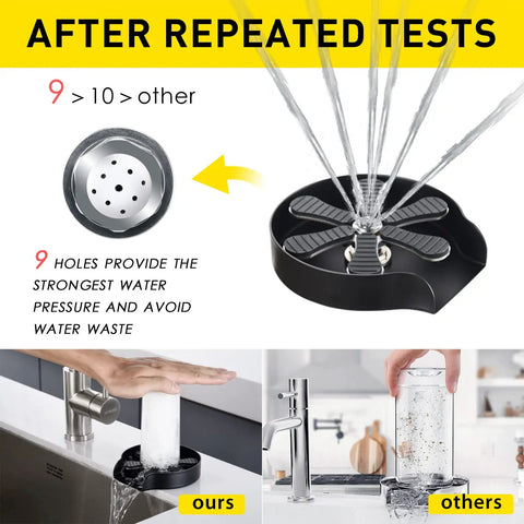 Glass Rinser Cup Washer For Sink Stainless Steel SUS 304 Kitchen Sink Accessory For Washing Baby Bottles, Wine Glasses, Glass Cups, Super Easy Mount Matte Black in use with strong water pressure and easy mounting.