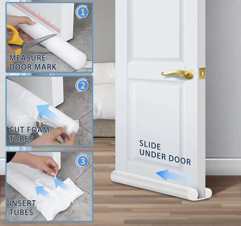 Slick Under Door Draft Stopper White Weather Seal installation steps for cutting and sliding under door to block drafts and pests.