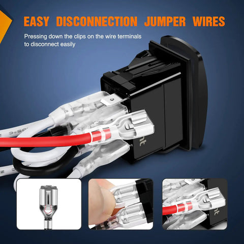 Waterproof DPDT 7 Pin Rocker Switch with jumper wires for 12V 24V systems, easy disconnection shown in close-up