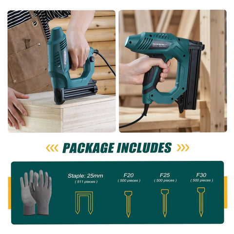 Heavy Duty Electric Brad Nailer And Staple Gun Handles 18 Gauge Fasteners Like A Boss close-up of hands using electric stapler on wood.
