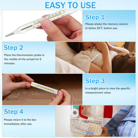 Five Piece General Use Temperature Testing Tools With Dual Scale Fahrenheit And Celsius For Accurate Readings For Adults And Kids Underarm And Oral Use Easy To Read For Everyday Health Checks. glass thermometer in hand
