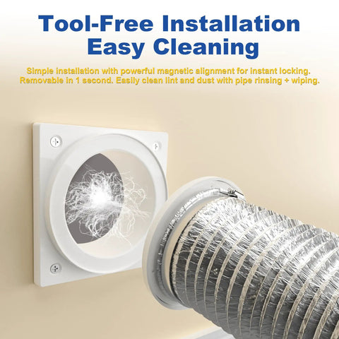 Dryer Vent Coupling With Magnetic Seal For A Tight Gap Free Fit, Self Aligning Quick Connect Kit DV180, wall and hose view