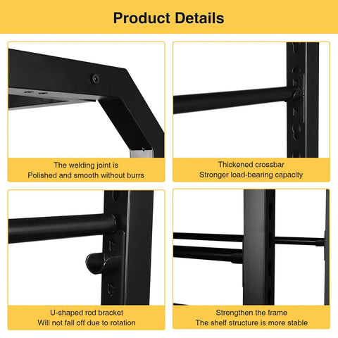 Close-up details of adjustable hanging rod bracket floor to ceiling display rack for quilting fabric storage showing welding, crossbar, and frame.