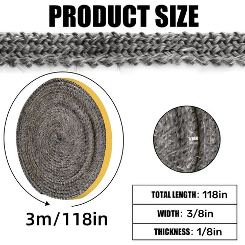 Flat gasket tape roll for stoves, fiberglass, self-adhesive; 118in long, 3/8in wide, 1/8in thick.