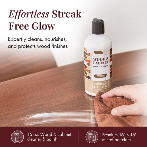 Wood Care Bundle With 16 Oz Polish And Premium Microfiber Cloth, almond scent wood cleaner being applied on wood surface