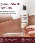 No Sweat Wood Cleaner And Polish For Cabinet And Table Restorer Nails That Glossy Finish By Cutting Through Heavy Grease Fast Safe For Hardwood Antiques Vinyl And Laminates Two Piece Set, 16 oz bottle with microfiber cloth.
