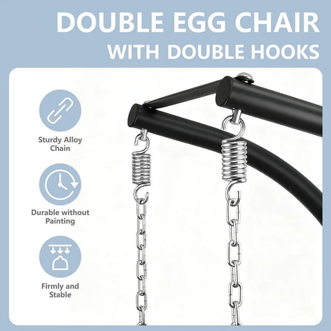 Close-up of sturdy alloy steel chain and hooks for Two Person Outdoor Double Egg Swing Chair With Stand For Patio Or Garden Weather Resistant Hanging Hammock With Cushions Durable And Sturdy Dark Grey Ideal For Cozy Sunset Lounging.