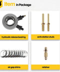 Hydraulic throwout bearing kit including hydraulic release bearing, anti-rotation studs, air gap shims, and retainer.