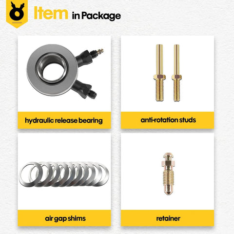 Hydraulic throwout bearing kit including hydraulic release bearing, anti-rotation studs, air gap shims, and retainer.