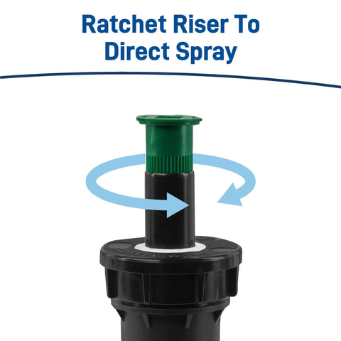 Close-up of Hard Top Pop Up Sprinkler Head With Pressure Regulating Valve Four Inch Riser And Fifteen Foot Adjustable Spray Pattern