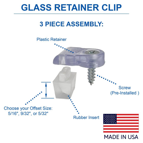 Sturdy Glass Panel Retainer Clips Eight Pack With Soft Rubber Bumpers And Machine Screws For Display Cases and Mirror Walls No Hassle Setup Locks Everything Down Secure Five Thirty Two Inch Offset showing clear clip assembly.