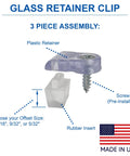 Premium Glass Panel Retainer Clips 8-Pack for Curio China Kitchen Cabinets showing 3-piece assembly with plastic retainer, screw, and rubber insert.