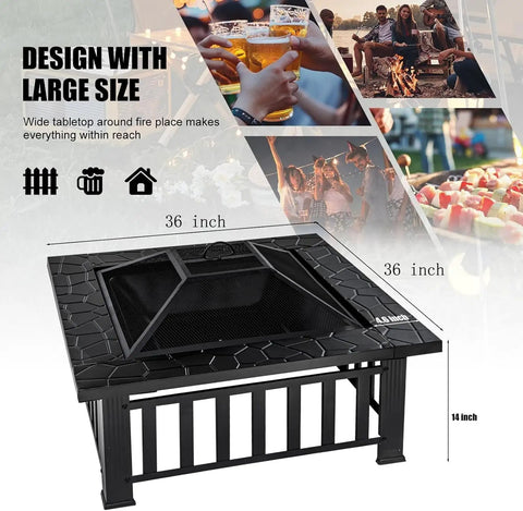 32 Inch Fire Pit Table Outdoor Patio Heater Square Metal Stove for Backyard and Garden with grill and drinks around