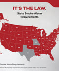 Map of U.S. state smoke alarm requirements with highlighted states indicating laws for fire safety.