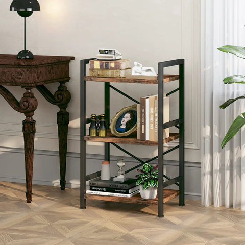 3 Tier Industrial Metal Bookcase With Rustic Brown Finish, Etagere Style Storage Shelf For Living Room, Slim Frame