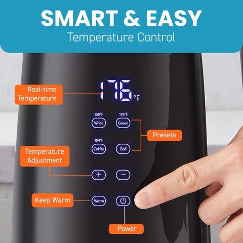 1.7L Dual Wall Electric Tea Kettle With Cool Touch Borosilicate Glass, 304 Stainless Steel Interior, digital touchscreen interface