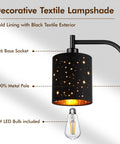 Decorative close-up of industrial floor lamp with adjustable three light tree stand, black textile shade, E26 bulb socket