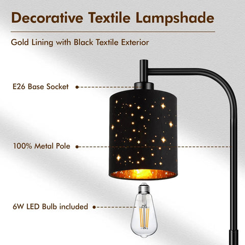 Decorative close-up of industrial floor lamp with adjustable three light tree stand, black textile shade, E26 bulb socket