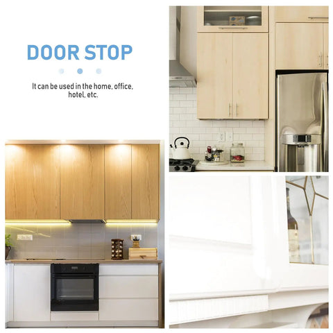 Kitchen scene promoting Heavy Duty Zinc Alloy Door Stopper Set Two Pack Anti Pinch Wall Protectors with wall illustration.