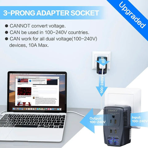 3-prong adapter socket with arrow diagram and laptop, "2000W Travel Voltage Converter 220V To 110V Step Down Adapter With Two USB Ports Worldwide"