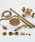 Antique Brass Exposed Shower System with Tub Spout 90° Rotating components including showerhead, hoses, and fittings.