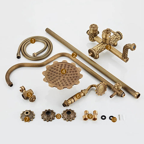 Antique Brass Exposed Shower System with Tub Spout 90° Rotating components including showerhead, hoses, and fittings.