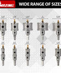 Close-up of a 16 Piece Heavy Duty Tct Hole Saw Kit For Hard Metal, showing various sizes from 5/8 to 2-1/8 inches.